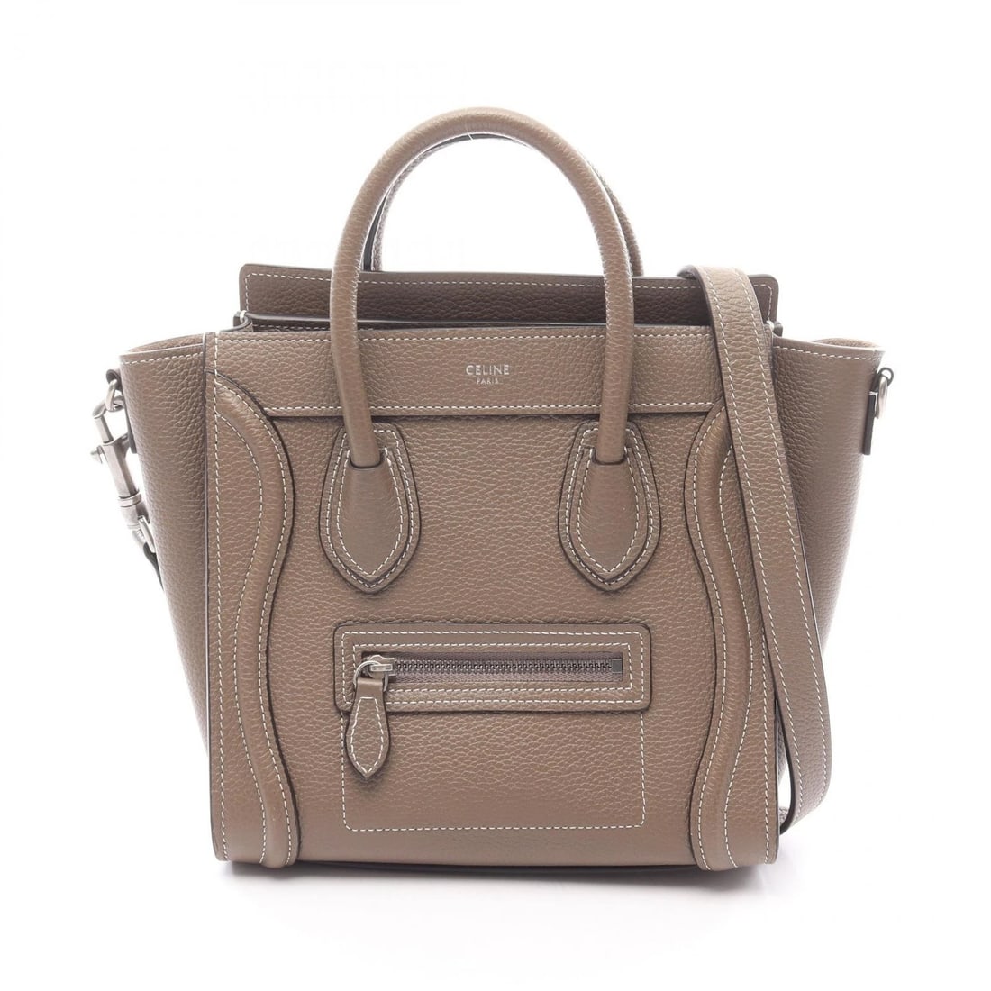 CELINE LUGGAGE NANO SHOPPER 2WAY SHOULDER HANDBAG: CELINE Luggage Nano Shopper 2Way Shoulder Handbag Brand: CELINE Type: Handbag Material: leather Color: Gray??ish colors Size: (H:7.9" x W:7.9" x D:3.5") Accessories: None Accessories Notic