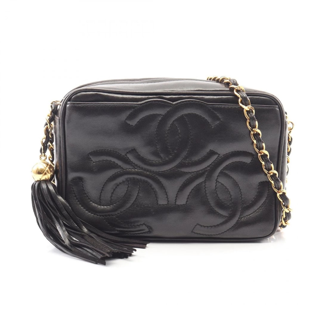 CHANEL TRIPLE COCO MARK TASSEL SHOULDER CROSSBODY BAG: CHANEL Triple COCO Mark Tassel Shoulder Crossbody Bag Brand: CHANEL Type: Shoulder Bag Material: Lambskin (sheep leather) Color: Black??ish colors Size: (H:4.7" x W:7.1" x D:3.0") Accessories: Non