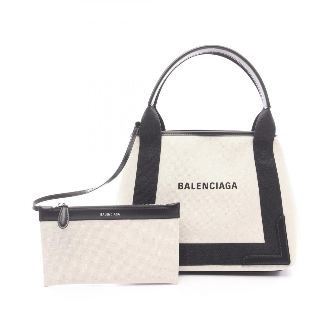 BALENCIAGA NAVY CABAS S TOTE HANDBAG: BALENCIAGA NAVY CABAS S Tote Handbag Brand: BALENCIAGA Type: Tote Bag Material: canvas × leather Color: Beige??ish colors × Black??ish colors Size: (H:9.4" x W:11.8" x D:7.1") Accessories: None