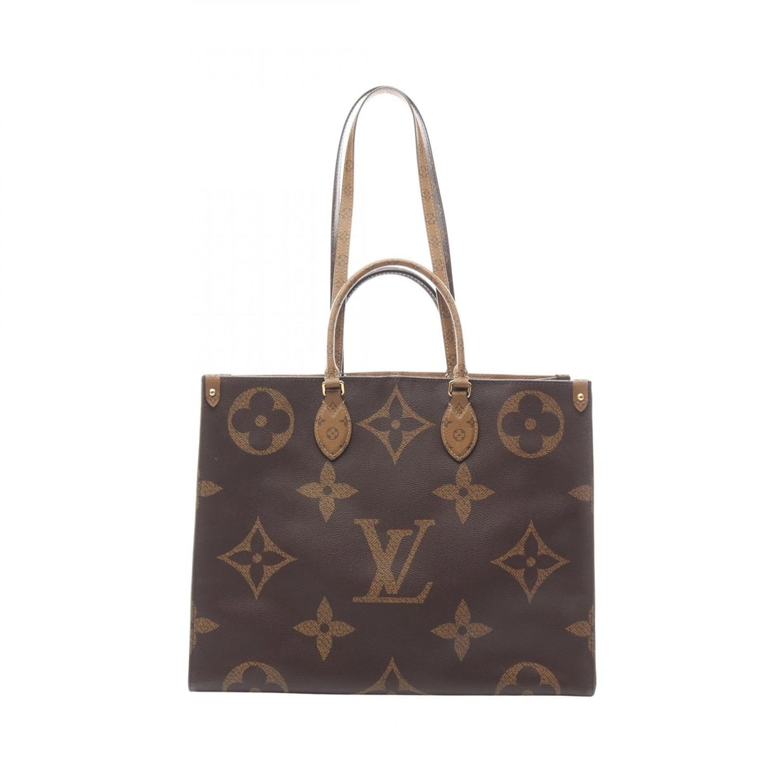 LOUIS VUITTON ON THE GO GM SHOULDER TOTE HANDBAG: LOUIS VUITTON On the Go GM Shoulder Tote Handbag Brand: LOUIS VUITTON Type: Tote Bag Material: PVC coated canvas Color: Beige / Brown??ish colors × Beige??ish colors Size: (H:12.6" x W:16.1" x D:6.7"