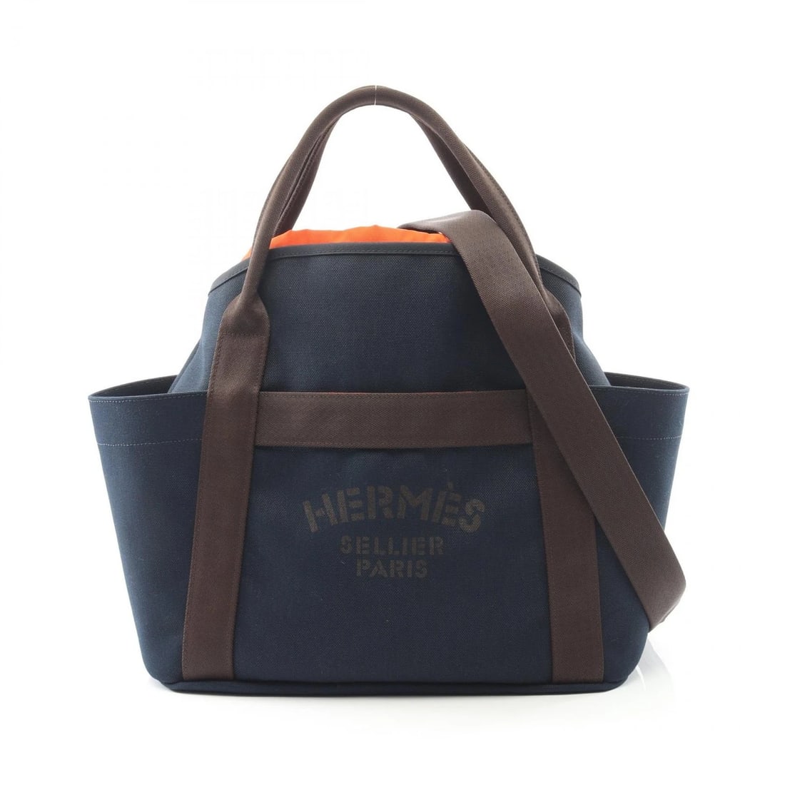 HERMES SAC DE PANSAGE SHOULDER TOTE BAG: HERMES Sac de Pansage shoulder Tote Bag Brand: HERMES Type: Tote Bag Material: Towar Military × Toile Chevrons Color: Navy??ish colors × Brown??ish colors Size: (H:13.8" x W:15.0" x D:5.9") Access
