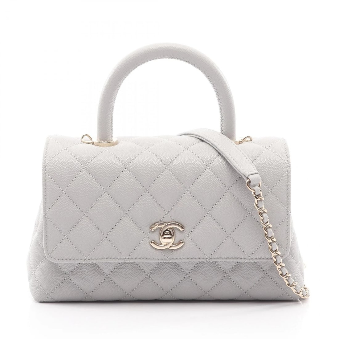 CHANEL COCO HANDLE FLAP MATELASSE CHAIN SHOULDER HANDBAG: CHANEL Coco Handle Flap Matelasse Chain Shoulder Handbag Brand: CHANEL Type: Handbag Material: Grained Calfskin leather Color: Gray??ish colors Size: (H:5.9" x W:9.1" x D:3.5") Accessories: None <