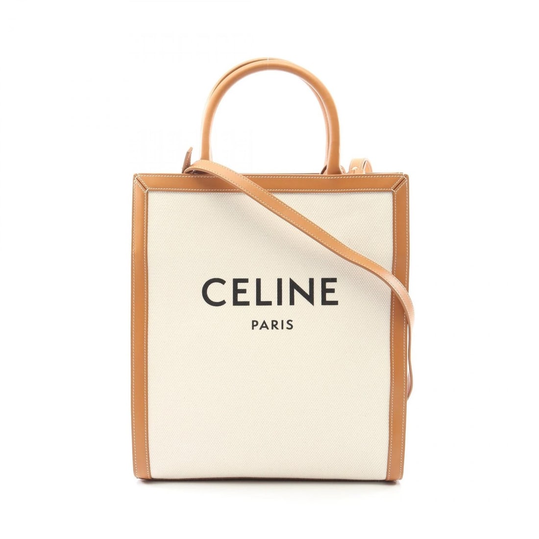 CELINE SMALL VERTICAL CABAS 2WAY SHOULDER TOTE BAG: CELINE Small Vertical Cabas 2Way Shoulder Tote Bag Brand: CELINE Type: Tote Bag Material: canvas × leather Color: White??ish colors × Brown??ish colors Size: (H:12.6" x W:11.0" x D:3.0")