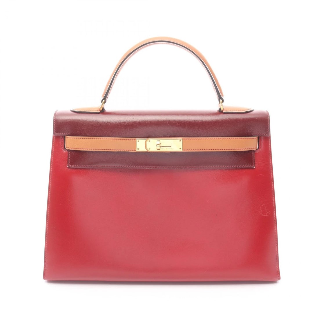 HERMES KELLY 32 TRICOLOR HANDBAG BOX: HERMES Kelly 32 Tricolor Handbag Box Brand: HERMES Type: Handbag Material: Box calf leather × Calfskin (cowhide) × Chamonix leather Color: Rouge H / Red??ish colors × Bordeaux??ish colors × Brown/