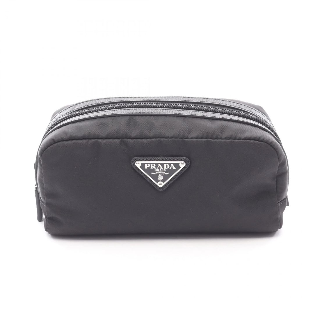 PRADA TRIANGLE LOGO POUCH BAG PURSE: PRADA Triangle logo Pouch bag purse Brand: PRADA Type: Pouch Material: Nylon × Saffiano leather Color: Black??ish colors Size: (H:3.5" x W:7.5") Accessories: None Accessories Notice: When