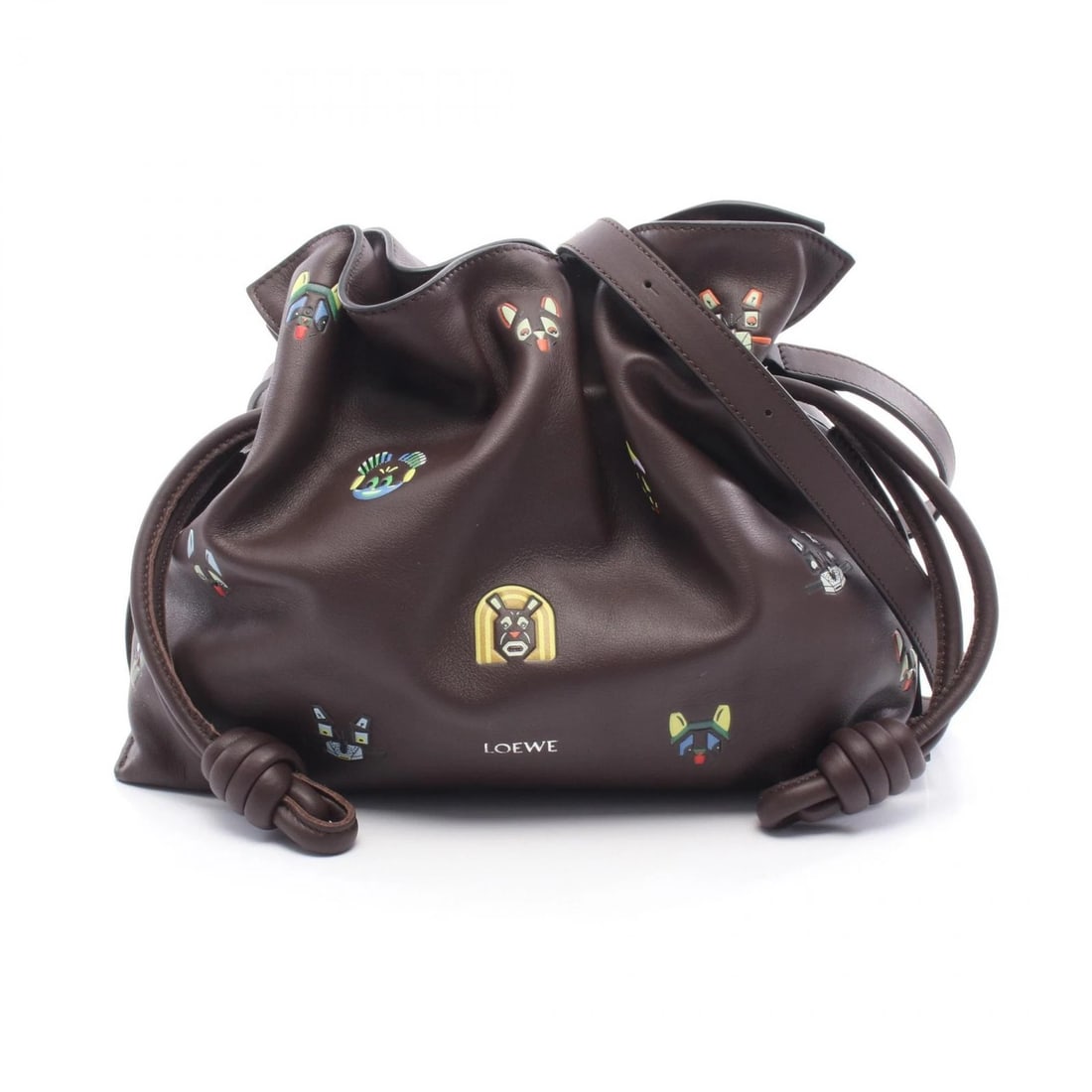 LOEWE FUTURIST CAT FLAMENCO CLUTCH SHOULDER BAG: LOEWE Futurist Cat Flamenco Clutch Shoulder Bag Brand: LOEWE Type: Shoulder Bag Material: leather Color: Brown??ish colors × Multicolor??ish colors Size: (H:9.4" x W:11.8" x D:3.9") Accessories: N