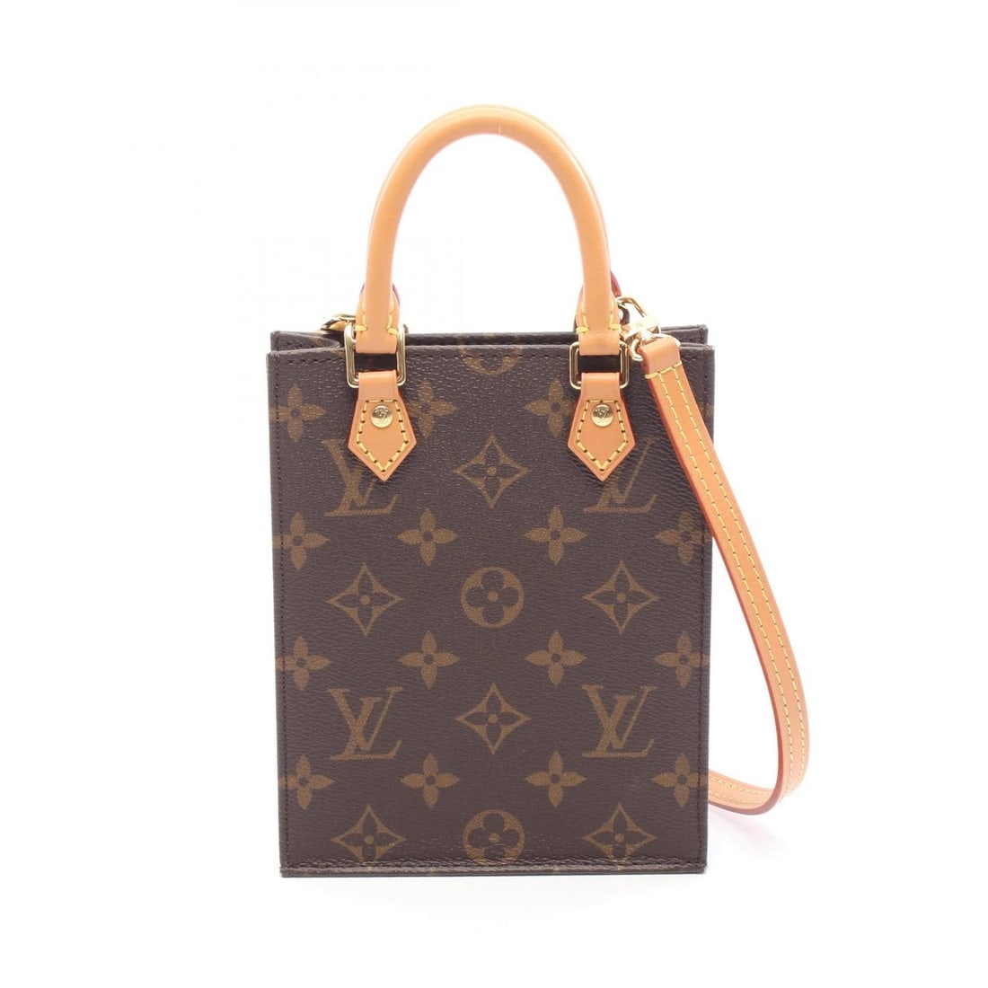 LOUIS VUITTON PETIT SAC PLAT 2WAY SHOULDER HANDBAG: LOUIS VUITTON Petit Sac Plat 2Way Shoulder Handbag Brand: LOUIS VUITTON Type: Handbag Material: Monogram × PVC coated canvas × leather Color: Brown??ish colors Size: (H:6.7" x W:5.3" x D:1.8")
