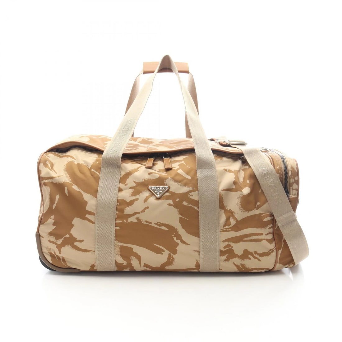 PRADA TROLLEY TRAVEL CARRY BOSTON CROSSBODY HANDBAG: PRADA Trolley Travel Carry Boston Crossbody Handbag Brand: PRADA Type: Carry Bag Material: Nylon Color: Beige??ish colors Size: (H:11.8" x W:24.2" x D:12.4") Accessories: None Accessories