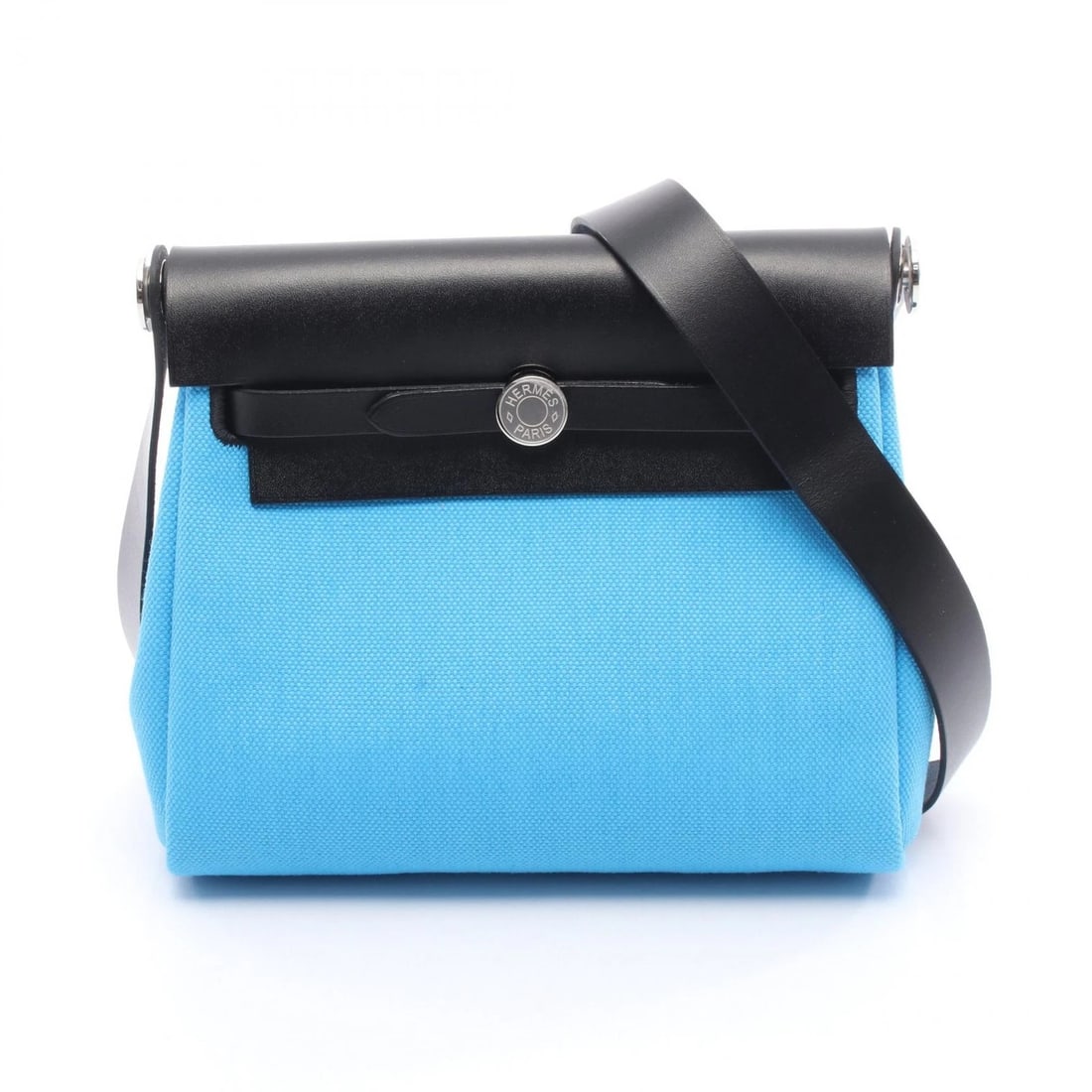 HERMES HERBAG ZIP MINI SHOULDER BAG: HERMES Herbag Zip Mini Shoulder Bag Brand: HERMES Type: Shoulder Bag Material: Towar Military × leather × Towar Military Color: Blue??ish colors × Black??ish colors Size: (H:6.3" x W:7.9" x D:2.8")
