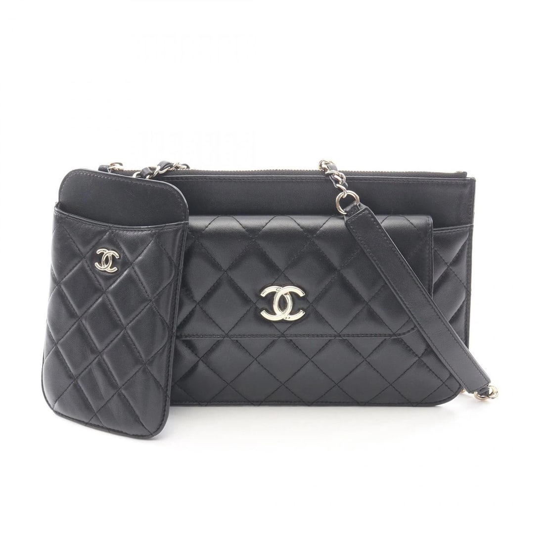 CHANEL MATELASSE MULTI-PURPOSE POUCH SHOULDER BAG: CHANEL Matelasse Multi-purpose pouch Shoulder Bag Brand: CHANEL Type: Shoulder Bag Material: Lambskin (sheep leather) Color: Black??ish colors Size: (H:6.1" x W:9.6" x D:0.4") Accessories: None