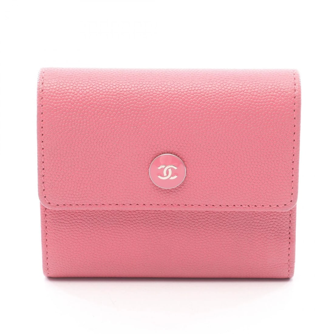 CHANEL COCO BUTTON TRI-FOLD COMPACT WALLET PURSE: CHANEL COCO Button Tri-fold Compact Wallet Purse Brand: CHANEL Type: Tri-fold wallet Material: Grained Calfskin leather Color: Pink??ish colors Size: (H:3.5" x W:4.1"x D:1.2) Accessories: None
