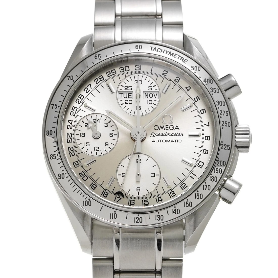 OMEGA SPEEDMASTER TRIPLE CALENDAR SILVER WATCH: OMEGA Speedmaster Triple Calendar Silver WATCH Brand: OMEGA Type: Wristwatch Material: Band Material Stainless steel, Case Material Stainless steel Color: Dial Color Silver Size: ??Case? H/about 39mm 