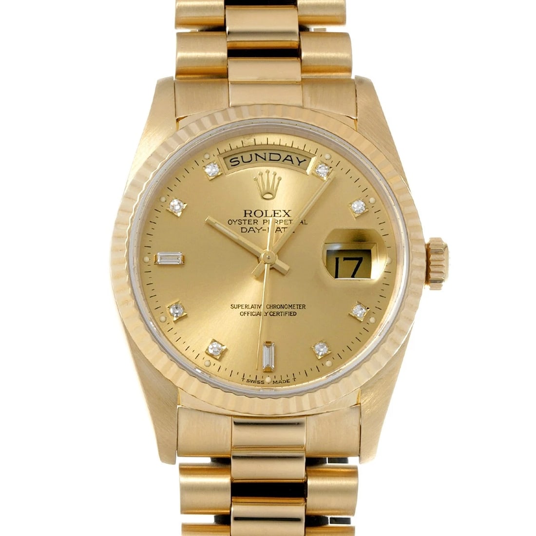 ROLEX DAY-DATE CHAMPAGNE/DIAMOND WATCH: ROLEX Day-Date Champagne/Diamond WATCH Brand: ROLEX Type: Wristwatch Material: Band Material Yellow Gold, Case Material Yellow Gold Color: Dial Color Champagne/Diamond Size: ??Case? H/about 36mm W/abo