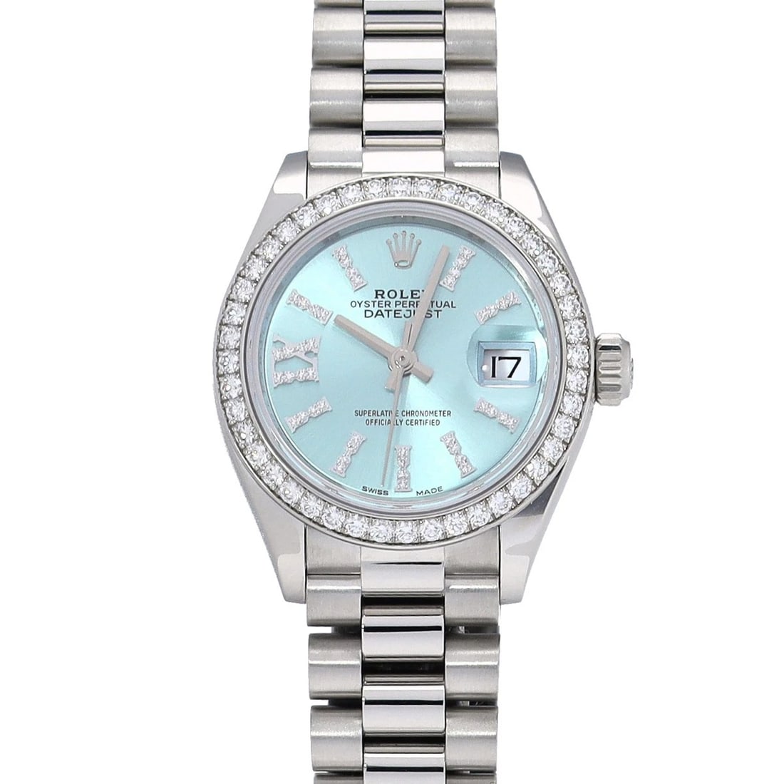 ROLEX LADY-DATEJUST ICE BLUE/DIAMOND WATCH: ROLEX Lady-Datejust Ice Blue/Diamond WATCH Brand: ROLEX Type: Wristwatch Material: Band Material Platinum, Case Material Platinum Color: Dial Color Ice Blue/Diamond Size: ??Case? H/about 28mm W/about 