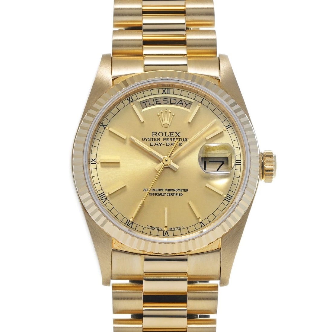 ROLEX DAY-DATE CHAMPAGNE WATCH: ROLEX Day-Date Champagne WATCH Brand: ROLEX Type: Wristwatch Material: Band Material Yellow Gold, Case Material Yellow Gold Color: Dial Color Champagne Size: ??Case? H/about 36mm W/about 36mm D/about 