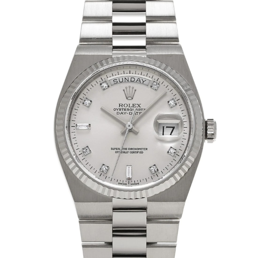 ROLEX DAY-DATE QUARTZ SILVER/DIAMOND WATCH: ROLEX Day-Date Quartz Silver/Diamond WATCH Brand: ROLEX Type: Wristwatch Material: Band Material White gold, Case Material White gold Color: Dial Color Silver/Diamond Size: ??Case? H/about 36mm W/abou