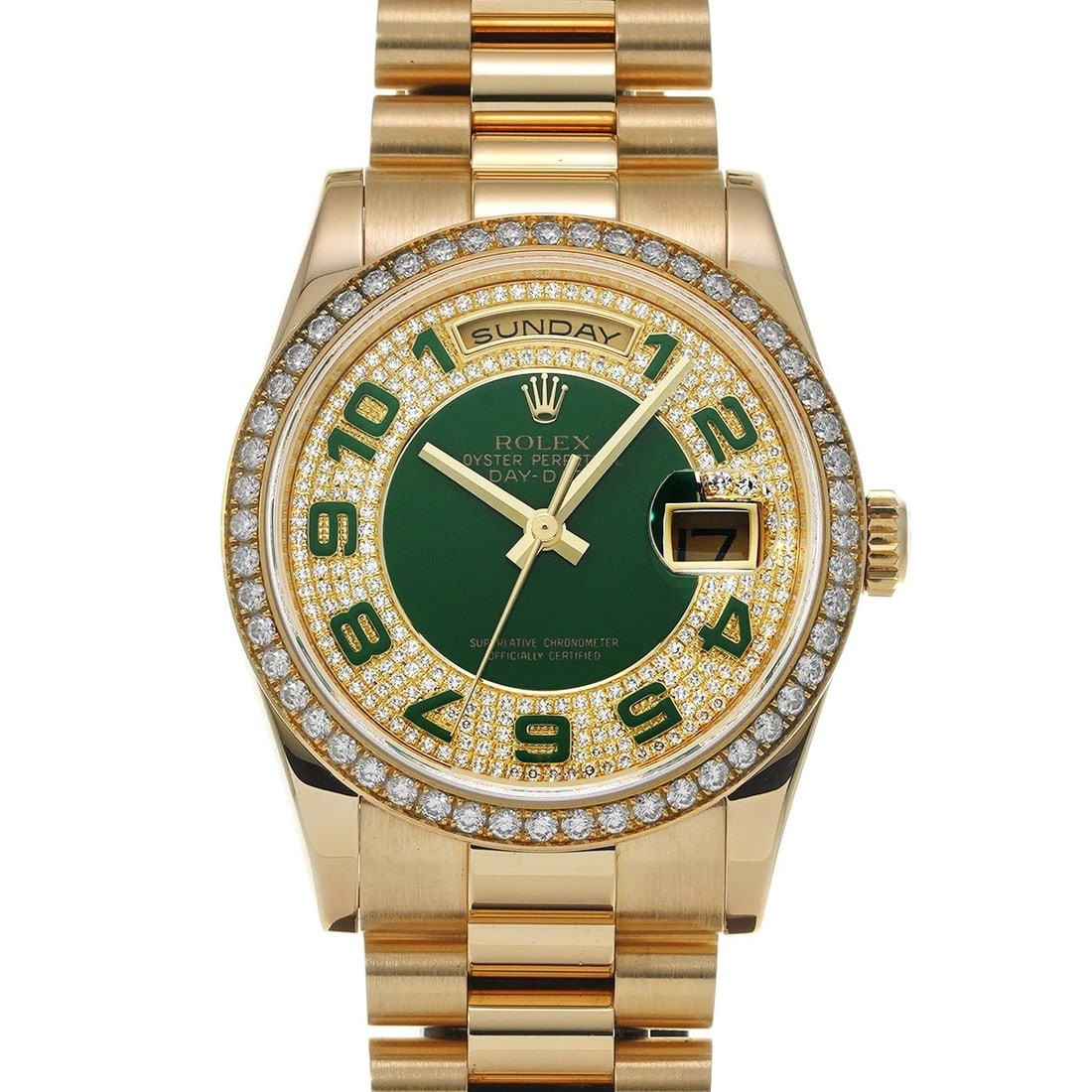ROLEX DAY-DATE 50TH GREEN/DIAMOND WATCH: ROLEX Day-Date 50th Green/Diamond WATCH Brand: ROLEX Type: Wristwatch Material: Band Material Yellow Gold, Case Material Yellow Gold Color: Dial Color Green/Diamond Size: ??Case? H/about 36mm W/about 