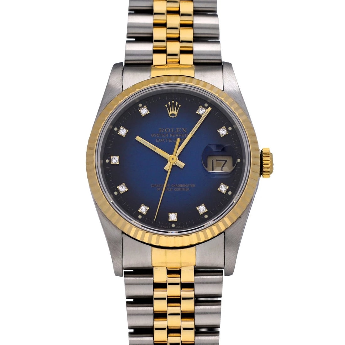 ROLEX DATEJUST BLUE GRADIENT/DIAMOND WATCH: ROLEX Datejust Blue Gradient/Diamond WATCH Brand: ROLEX Type: Wristwatch Material: Band Material Stainless steel/Yellow Gold, Case Material Stainless steel Color: Dial Color Blue Gradient/Diamond Size