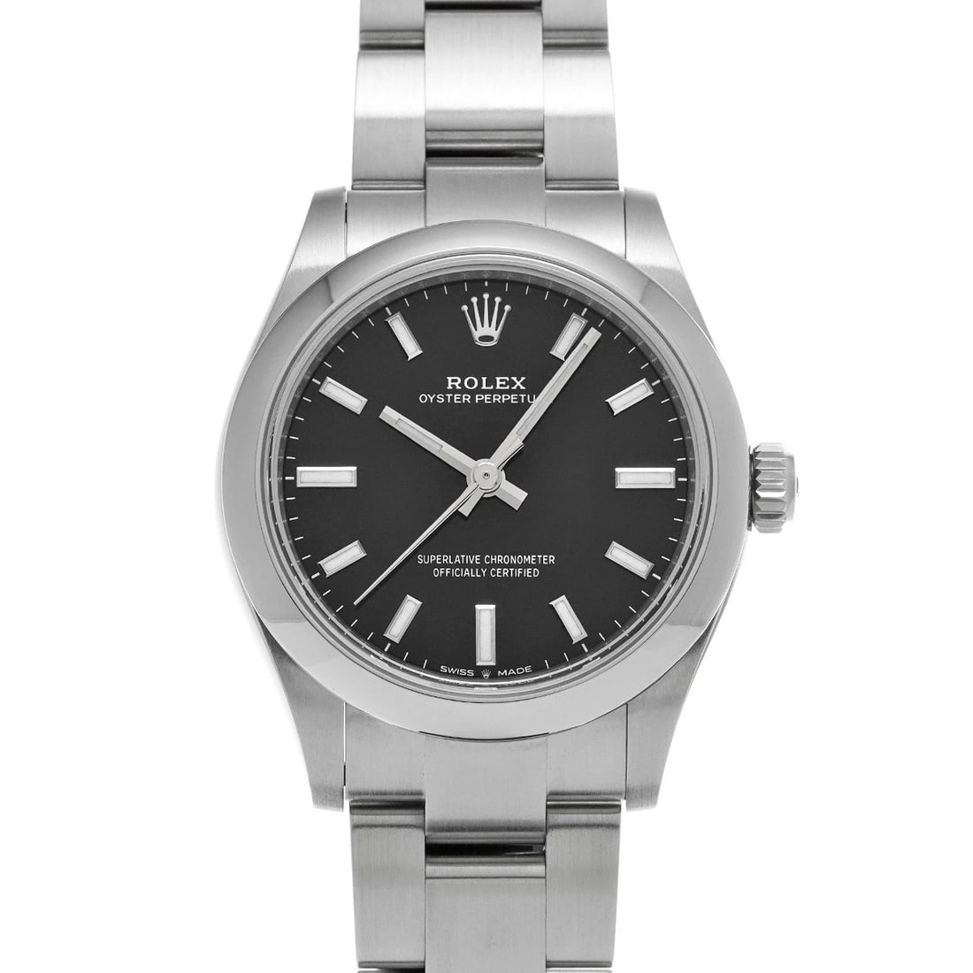 ROLEX OYSTER PERPETUAL BRIGHT BLACK WATCH: ROLEX Oyster Perpetual Bright Black WATCH Brand: ROLEX Type: Wristwatch Material: Band Material Stainless steel, Case Material Stainless steel Color: Dial Color Bright Black Size: ??Case? H/about 31mm