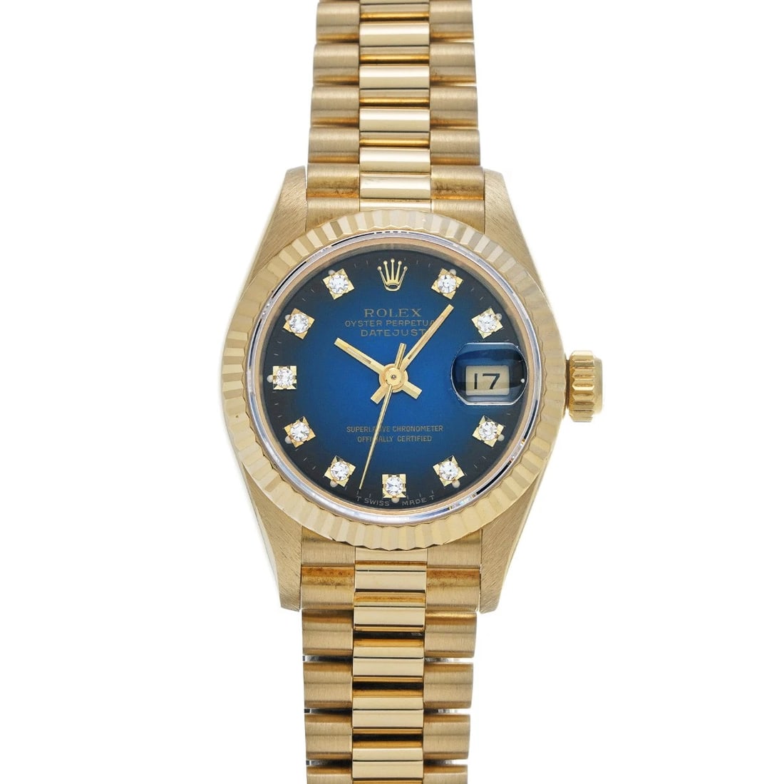 ROLEX DATEJUST BLUE GRADIENT/DIAMOND WATCH: ROLEX Datejust Blue Gradient/Diamond WATCH Brand: ROLEX Type: Wristwatch Material: Band Material Yellow Gold, Case Material Yellow Gold Color: Dial Color Blue Gradient/Diamond Size: ??Case? H/about 26