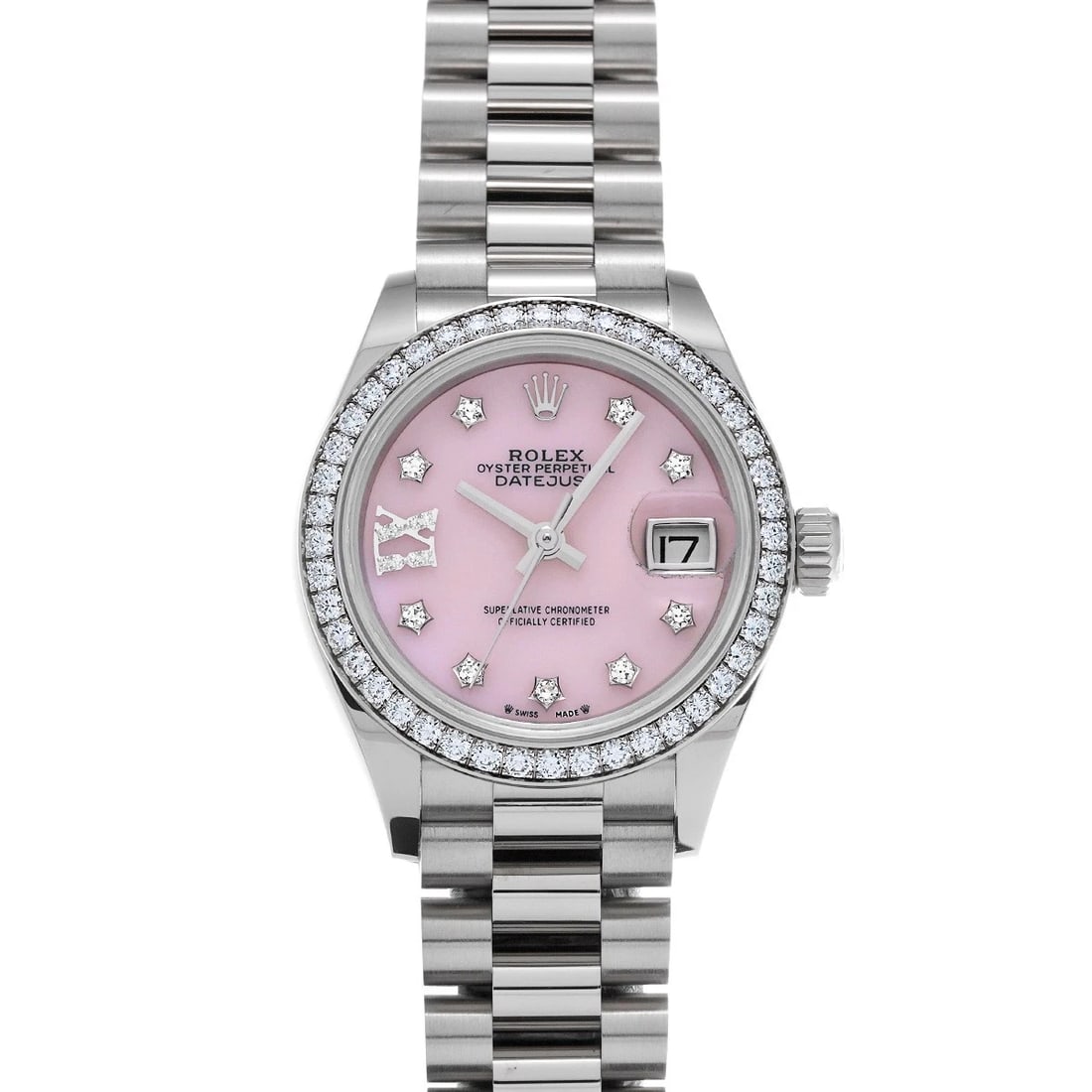 ROLEX LADY-DATEJUST PINK OPAL/DIAMOND WATCH: ROLEX Lady-Datejust Pink Opal/Diamond WATCH Brand: ROLEX Type: Wristwatch Material: Band Material White gold, Case Material White gold Color: Dial Color Pink Opal/Diamond Size: ??Case? H/about 28mm W/