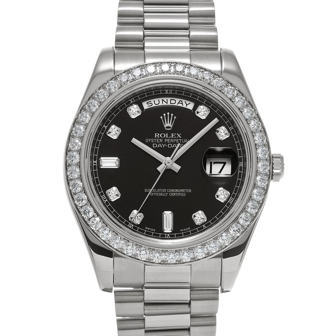 ROLEX DAY-DATE II BLACK/DIAMOND WATCH: ROLEX Day-Date II Black/Diamond WATCH Brand: ROLEX Type: Wristwatch Material: Band Material White gold, Case Material White gold Color: Dial Color Black/Diamond Size: ??Case? H/about 41mm W/about 41mm