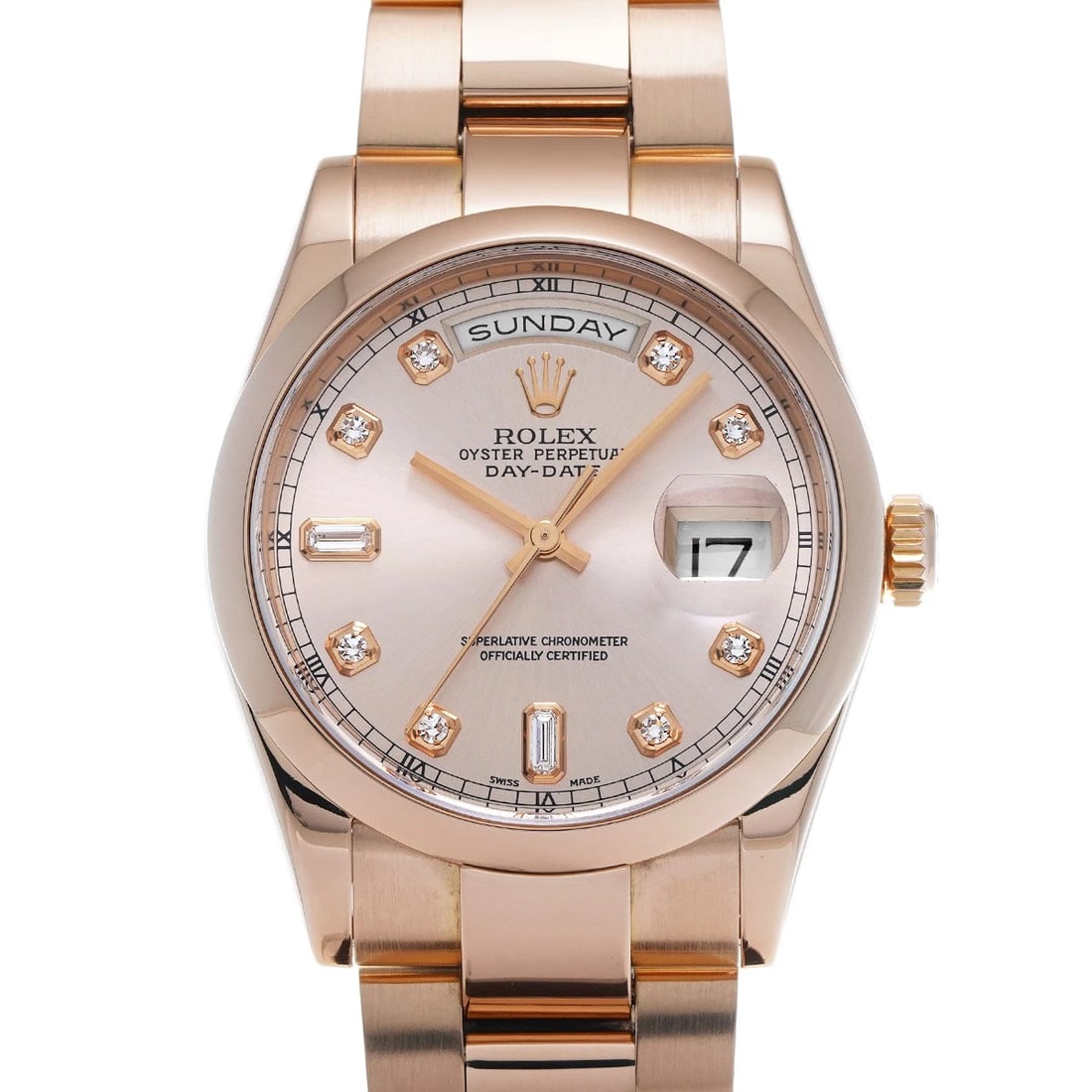 ROLEX DAY-DATE PINK/DIAMOND WATCH: ROLEX Day-Date Pink/Diamond WATCH Brand: ROLEX Type: Wristwatch Material: Band Material Pink gold, Case Material Pink gold Color: Dial Color Pink/Diamond Size: ??Case? H/about 36mm W/about 36mm D/abou