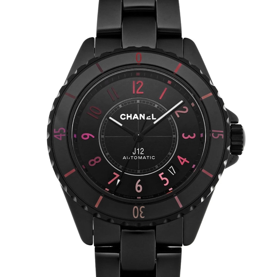 CHANEL J12 BLUSH CALIBER BLACK LACQUER/DIAMOND WATCH: CHANEL J12 BLUSH Caliber Black Lacquer/Diamond WATCH Brand: CHANEL Type: Wristwatch Material: Band Material ceramic, Case Material ceramic Color: Dial Color Black Lacquer/Diamond Size: ??Case? H/about