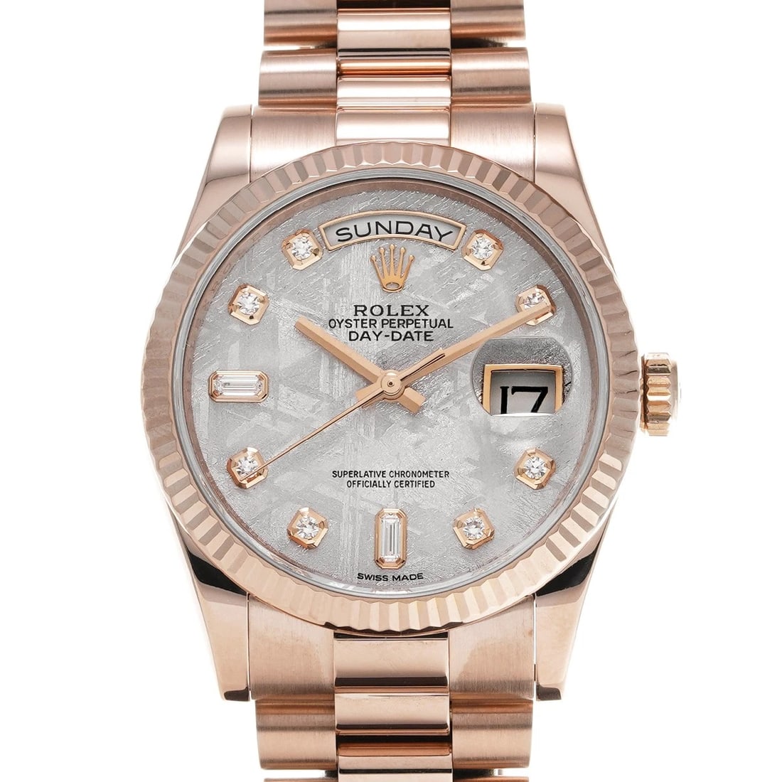 ROLEX DAY-DATE METEOLITE/DIAMOND WATCH: ROLEX Day-Date Meteolite/Diamond WATCH Brand: ROLEX Type: Wristwatch Material: Band Material Everrose gold, Case Material Everrose gold Color: Dial Color Meteolite/Diamond Size: ??Case? H/about 36mm