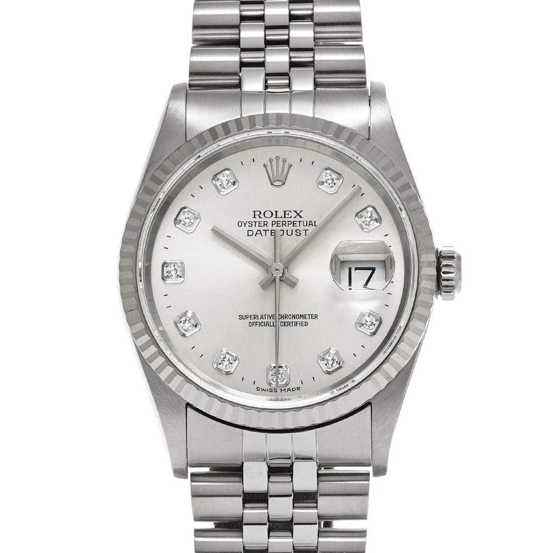 ROLEX DATEJUST SILVER/DIAMOND WATCH: ROLEX Datejust Silver/Diamond WATCH Brand: ROLEX Type: Wristwatch Material: Band Material Stainless steel, Case Material Stainless steel Color: Dial Color Silver/Diamond Size: ??Case? H/about 36mm W/a