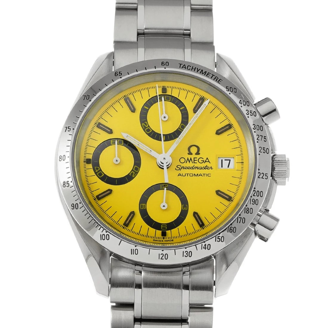 OMEGA SPEEDMASTER DATE MICHAEL SCHUMACHER 1ST YELLOW WATCH: OMEGA Speedmaster Date Michael Schumacher 1st Yellow WATCH Brand: OMEGA Type: Wristwatch Material: Band Material Stainless steel, Case Material Stainless steel Color: Dial Color Yellow Size: ??Case? H