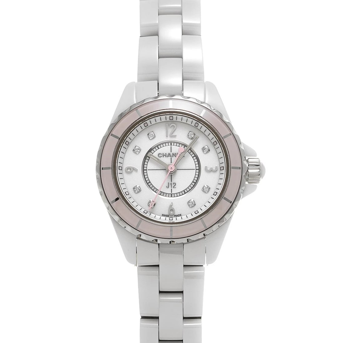 CHANEL J12 SOFT PINK WHITE/DIAMOND WATCH: CHANEL J12 Soft Pink White/Diamond WATCH Brand: CHANEL Type: Wristwatch Material: Band Material ceramic, Case Material ceramic Color: Dial Color White/Diamond Size: ??Case? H/about 29mm W/about 29mm D