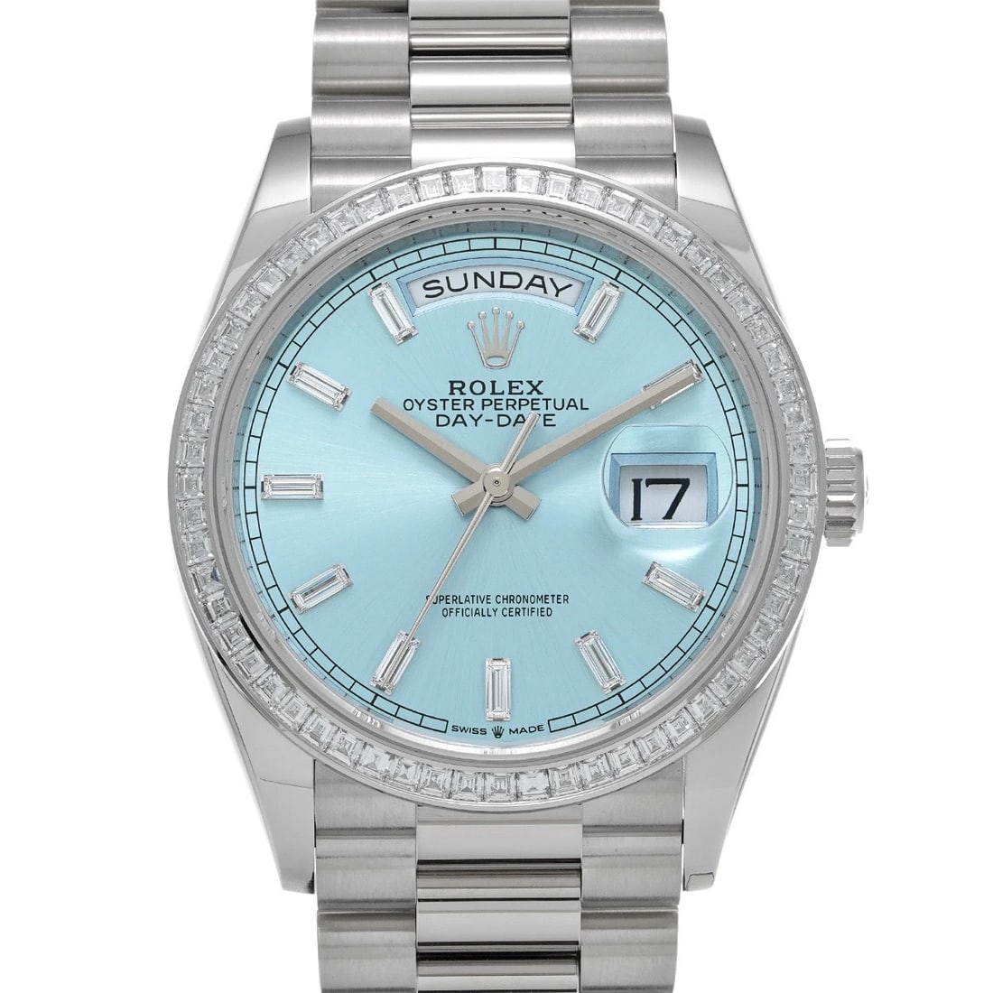 ROLEX DAY-DATE ICE BLUE/BAGUETTE DIAMOND WATCH: ROLEX Day-Date Ice Blue/Baguette Diamond WATCH Brand: ROLEX Type: Wristwatch Material: Band Material Platinum, Case Material Platinum Color: Dial Color Ice Blue/Baguette Diamond Size: ??Case? H/about 