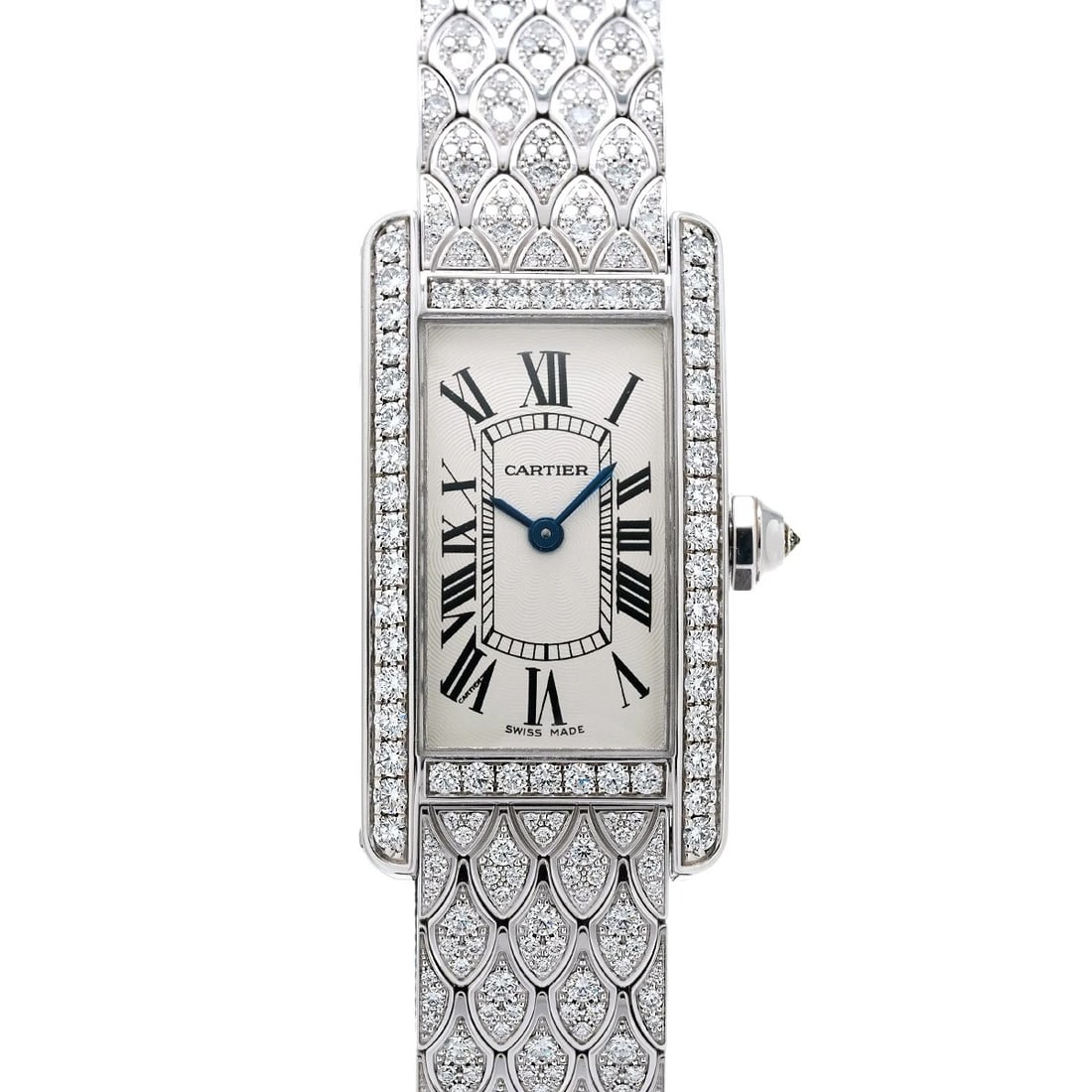 CARTIER TANK AMERICAN SILVER WATCH: CARTIER Tank American Silver WATCH Brand: CARTIER Type: Wristwatch Material: Band Material White gold/diamond, Case Material White gold Color: Dial Color Silver Size: ??Case? H/about 34.8mm W/about