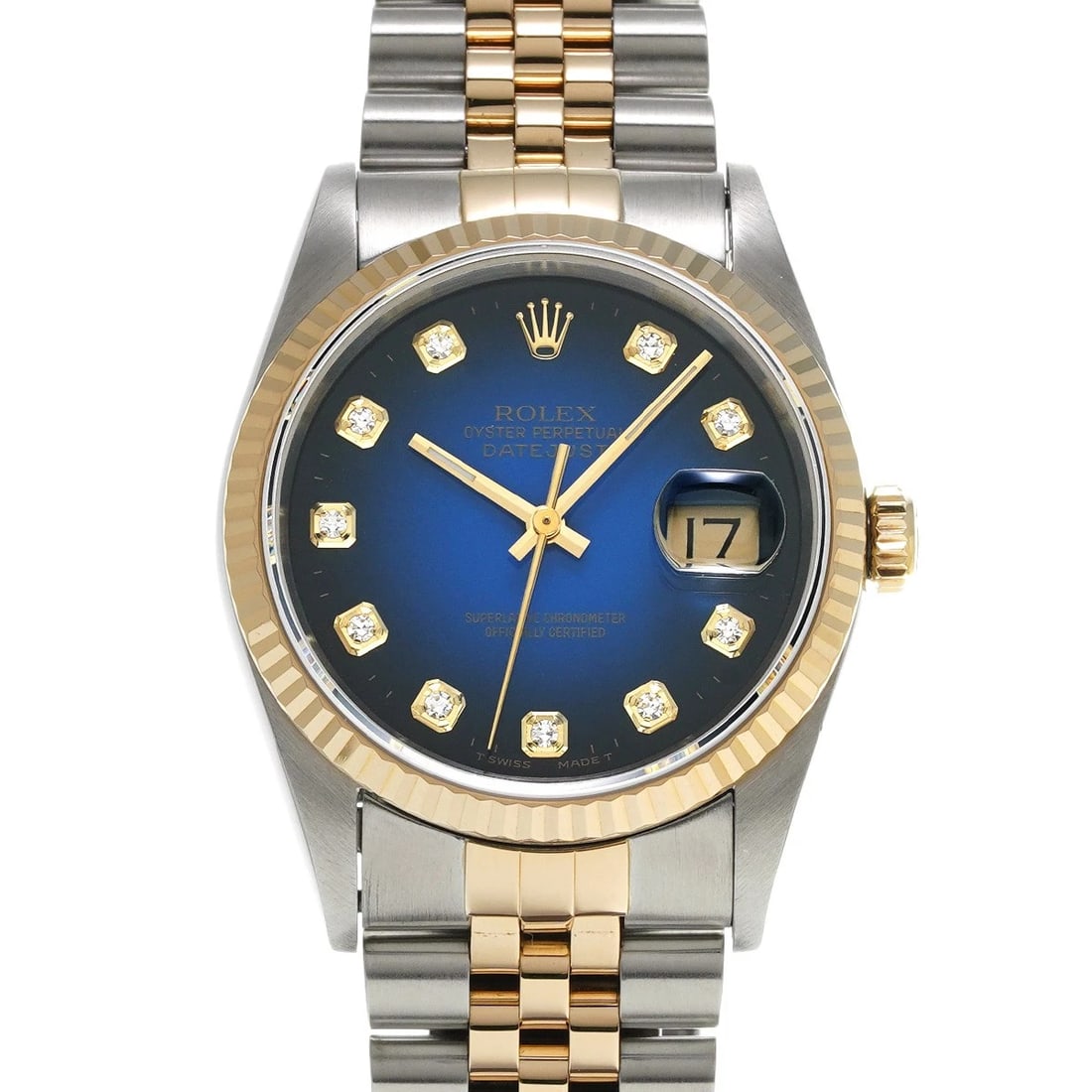 ROLEX DATEJUST BLUE GRADIENT/DIAMOND WATCH: ROLEX Datejust Blue Gradient/Diamond WATCH Brand: ROLEX Type: Wristwatch Material: Band Material Stainless steel/Yellow Gold, Case Material Stainless steel Color: Dial Color Blue Gradient/Diamond