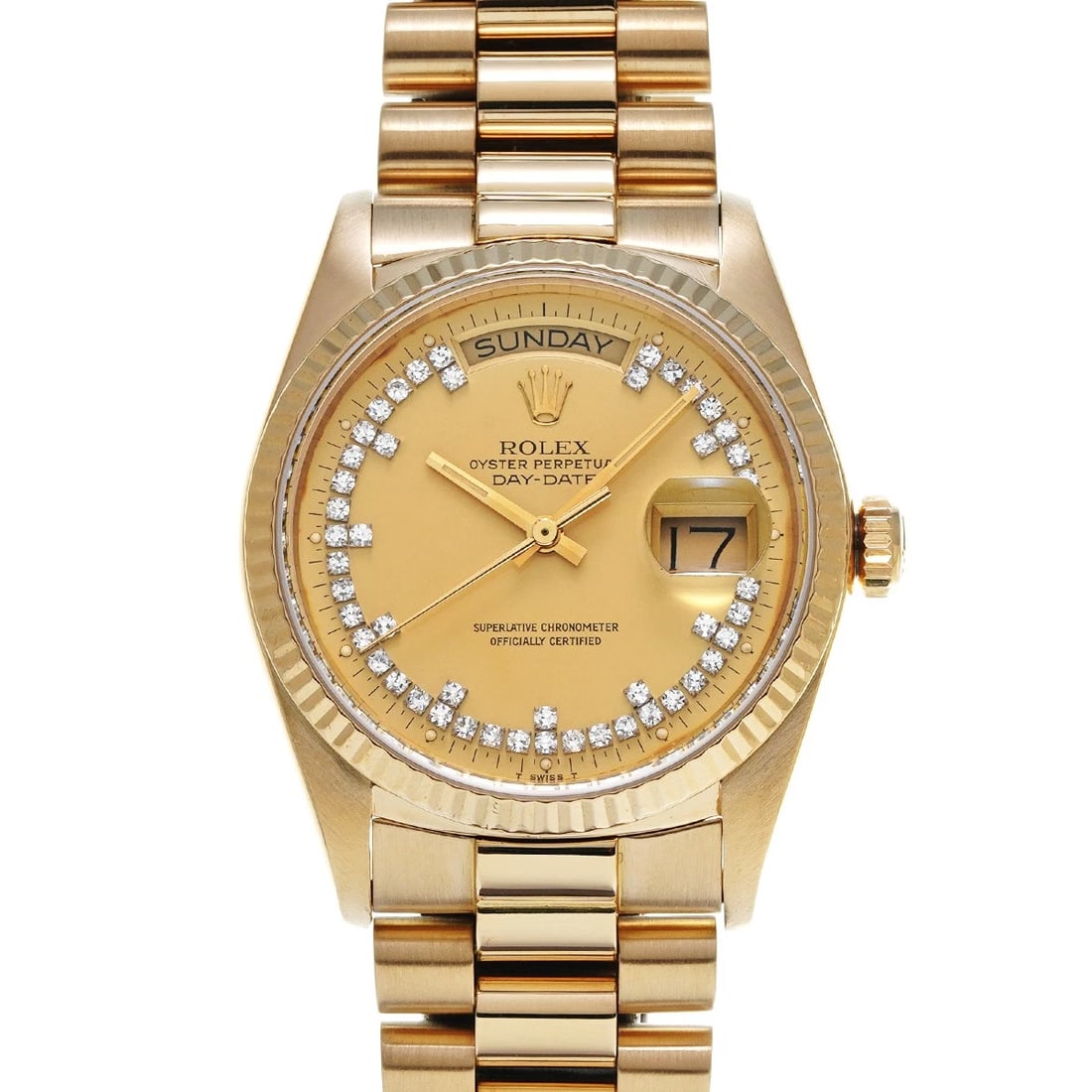 ROLEX DAY-DATE CHAMPAGNE/DIAMOND WATCH: ROLEX Day-Date Champagne/Diamond WATCH Brand: ROLEX Type: Wristwatch Material: Band Material Yellow Gold, Case Material Yellow Gold Color: Dial Color Champagne/Diamond Size: ??Case? H/about 36mm W/abo
