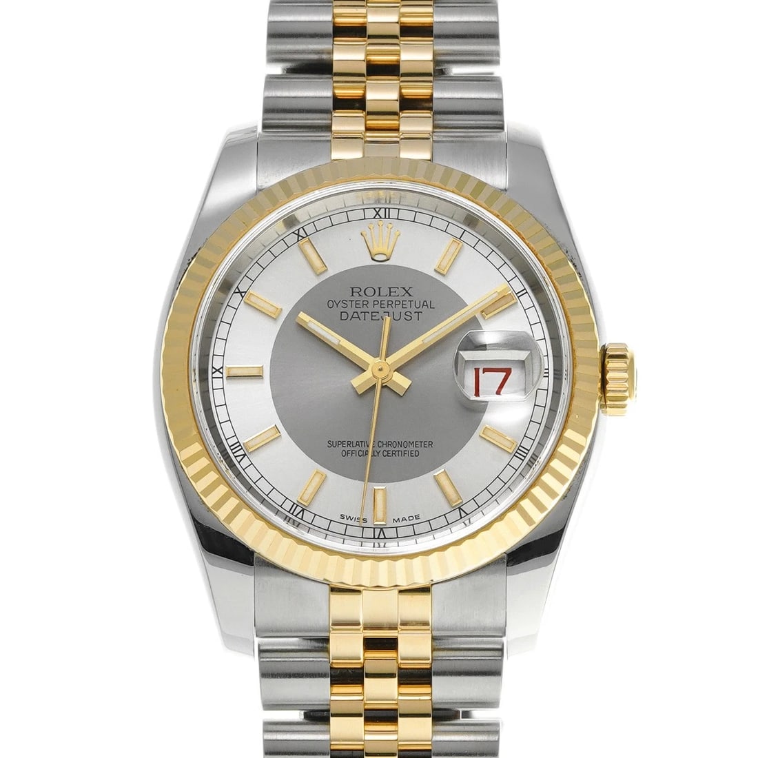 ROLEX DATEJUST GRAY/SILVER WATCH: ROLEX Datejust Gray/Silver WATCH Brand: ROLEX Type: Wristwatch Material: Band Material Stainless steel/Yellow Gold, Case Material Stainless steel Color: Dial Color Gray/Silver Size: ??Case? H/about 36