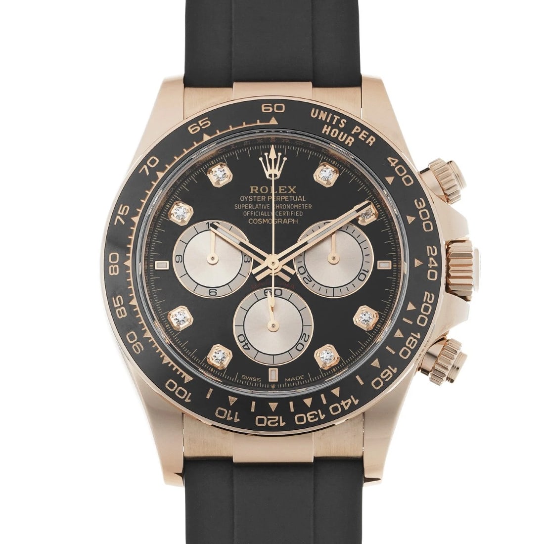 ROLEX COSMOGRAPH DAYTONA BRIGHT BLACK/SAND DUST/DIAMOND WATCH: ROLEX Cosmograph Daytona Bright Black/Sand Dust/Diamond WATCH Brand: ROLEX Type: Wristwatch Material: Band Material rubber, Case Material Everrose gold Color: Dial Color Bright Black/Sand Dust/Diamond