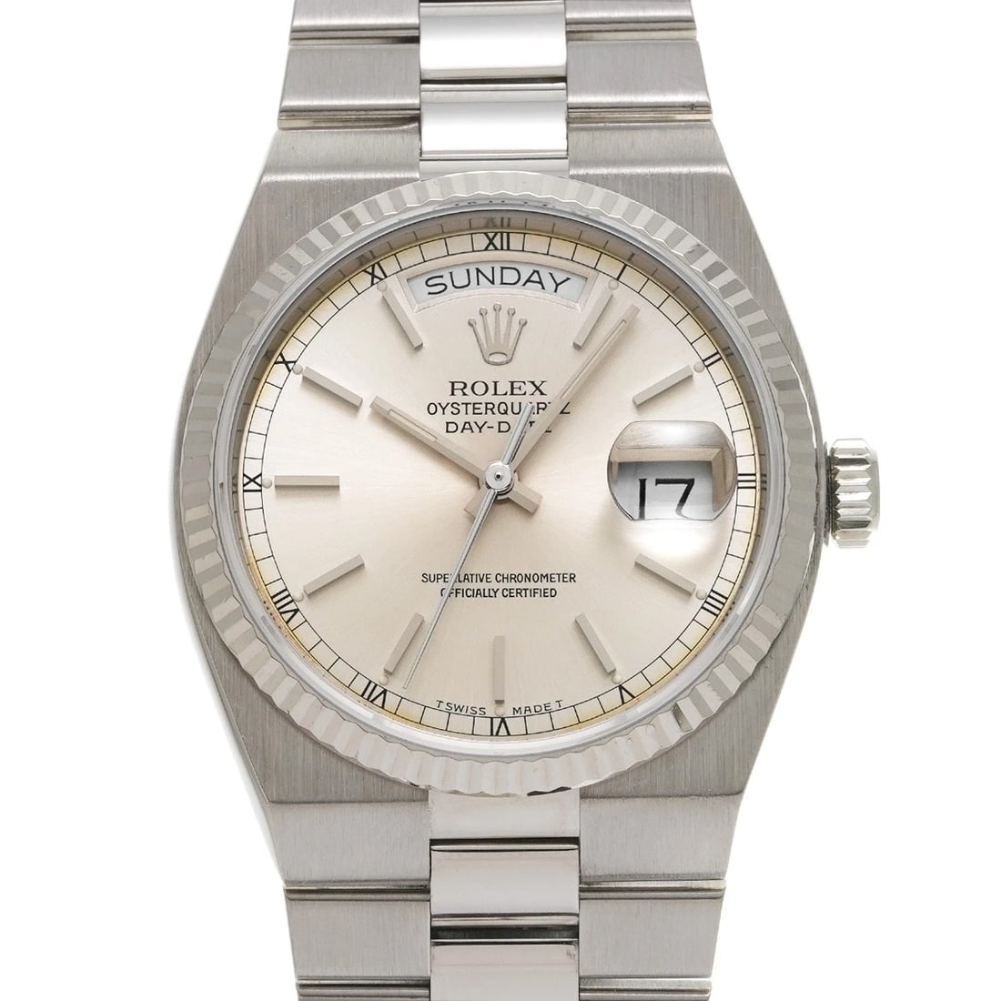 ROLEX DAY-DATE QUARTZ SILVER WATCH: ROLEX Day-Date Quartz Silver WATCH Brand: ROLEX Type: Wristwatch Material: Band Material White gold, Case Material White gold Color: Dial Color Silver Size: ??Case? H/about 36mm W/about 36mm D/about 1