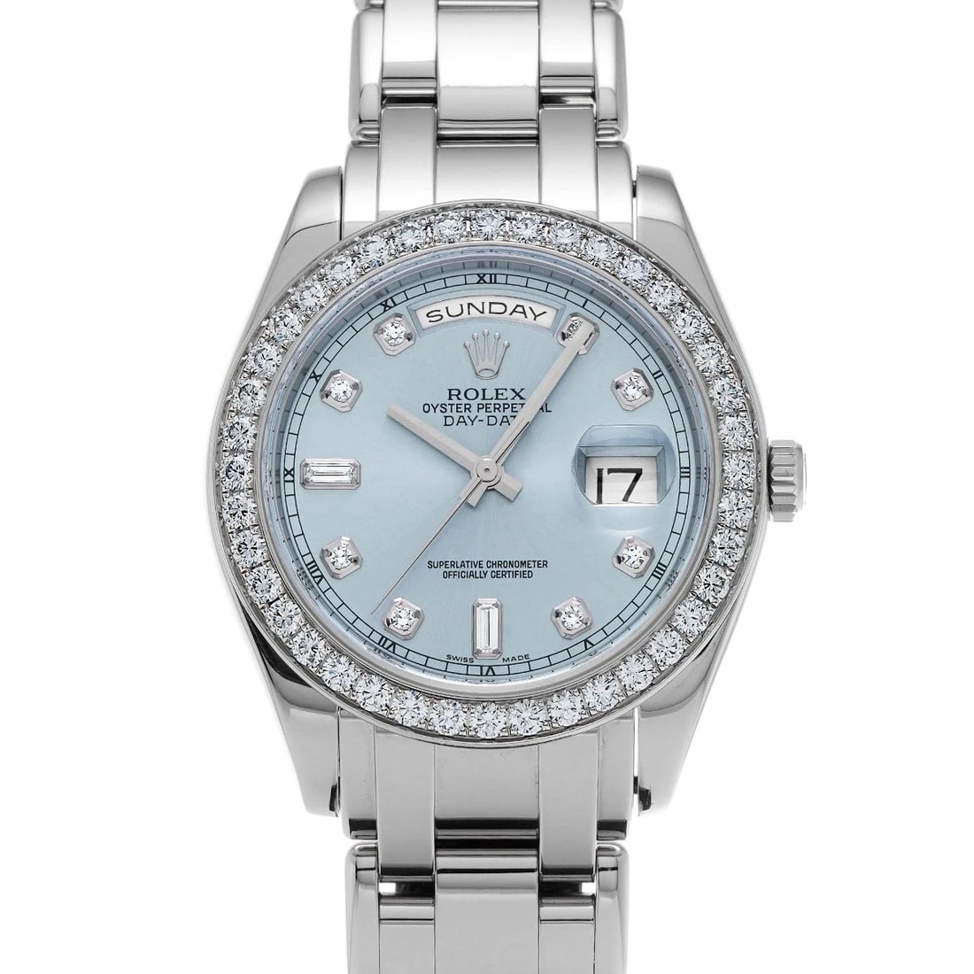 ROLEX DAY-DATE PEARLMASTER SILVER/DIAMOND WATCH: ROLEX Day-Date Pearlmaster Silver/Diamond WATCH Brand: ROLEX Type: Wristwatch Material: Band Material Platinum, Case Material Platinum Color: Dial Color Silver/Diamond Size: ??Case? H/about 39mm W/abo
