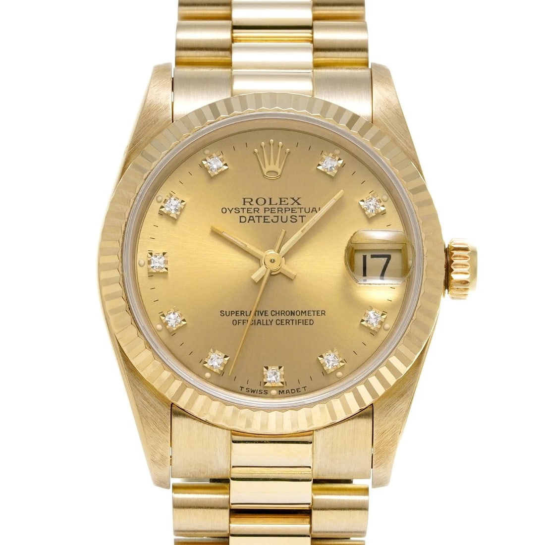 ROLEX DATEJUST CHAMPAGNE/DIAMOND WATCH: ROLEX Datejust Champagne/Diamond WATCH Brand: ROLEX Type: Wristwatch Material: Band Material Yellow Gold, Case Material Yellow Gold Color: Dial Color Champagne/Diamond Size: ??Case? H/about 31mm W/abo