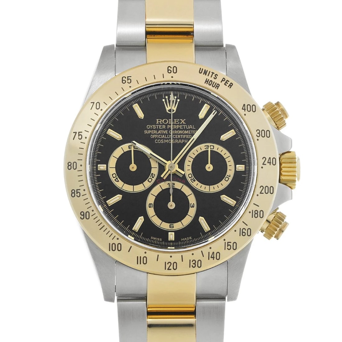 ROLEX COSMOGRAPH DAYTONA BLACK WATCH: ROLEX Cosmograph Daytona Black WATCH Brand: ROLEX Type: Wristwatch Material: Band Material Stainless steel/Yellow Gold, Case Material Stainless steel Color: Dial Color Black Size: ??Case? H/about 40mm