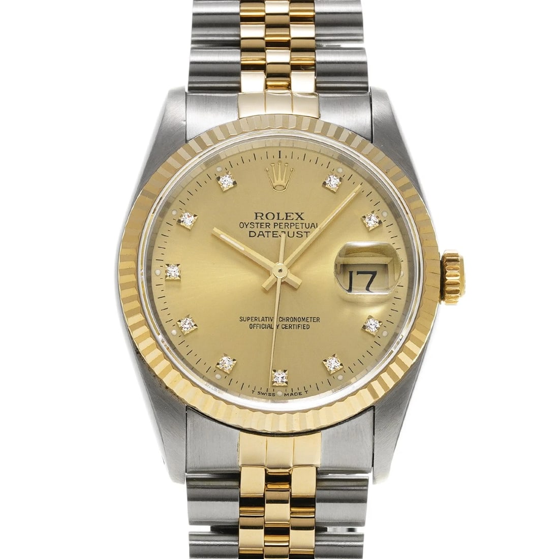 ROLEX DATEJUST CHAMPAGNE/DIAMOND WATCH: ROLEX Datejust Champagne/Diamond WATCH Brand: ROLEX Type: Wristwatch Material: Band Material Stainless steel/Yellow Gold, Case Material Stainless steel Color: Dial Color Champagne/Diamond Size: ??Case