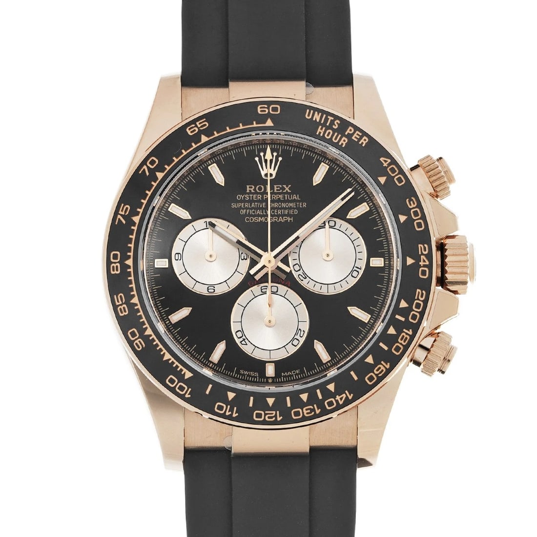 ROLEX COSMOGRAPH DAYTONA BRIGHT BLACK/SUNDUST WATCH: ROLEX Cosmograph Daytona Bright Black/Sundust WATCH Brand: ROLEX Type: Wristwatch Material: Band Material rubber, Case Material Everrose gold Color: Dial Color Bright Black/Sundust Size: ??Case?
