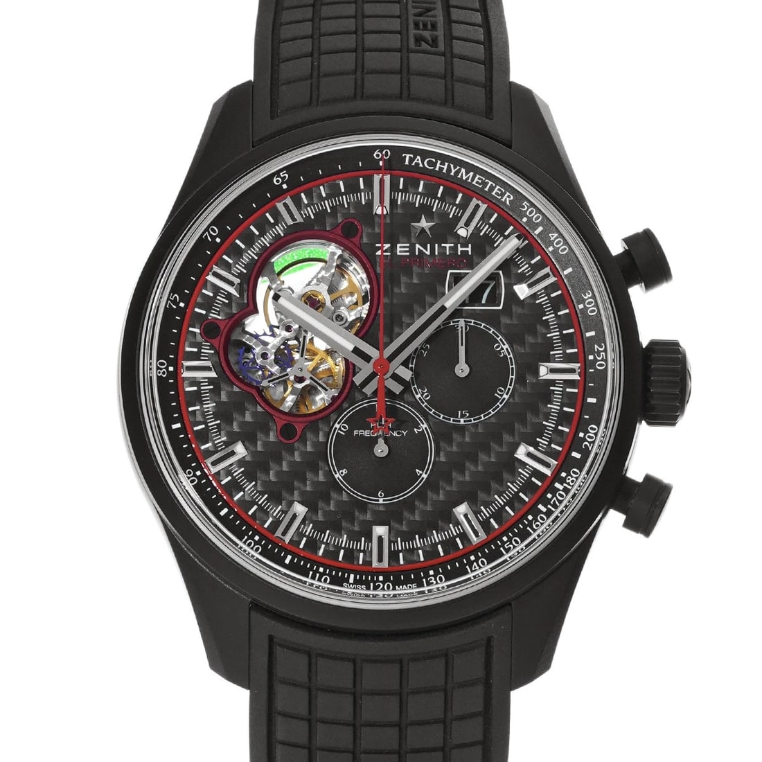 ZENITH CHRONOMASTER EL PRIMERO BRIT BLACK CARBON WATCH: ZENITH Chronomaster El Primero Brit Black Carbon WATCH Brand: ZENITH Type: Wristwatch Material: Band Material rubber, Case Material Ceramicized aluminum Color: Dial Color Black Carbon Size: ??Case? H/