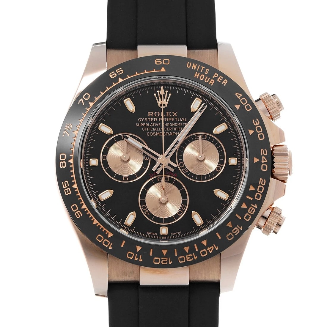 ROLEX COSMOGRAPH DAYTONA SUNDUST/BLACK WATCH: ROLEX Cosmograph Daytona Sundust/Black WATCH Brand: ROLEX Type: Wristwatch Material: Band Material rubber, Case Material Everrose gold Color: Dial Color Sundust/Black Size: ??Case? H/about 40mm W/abou