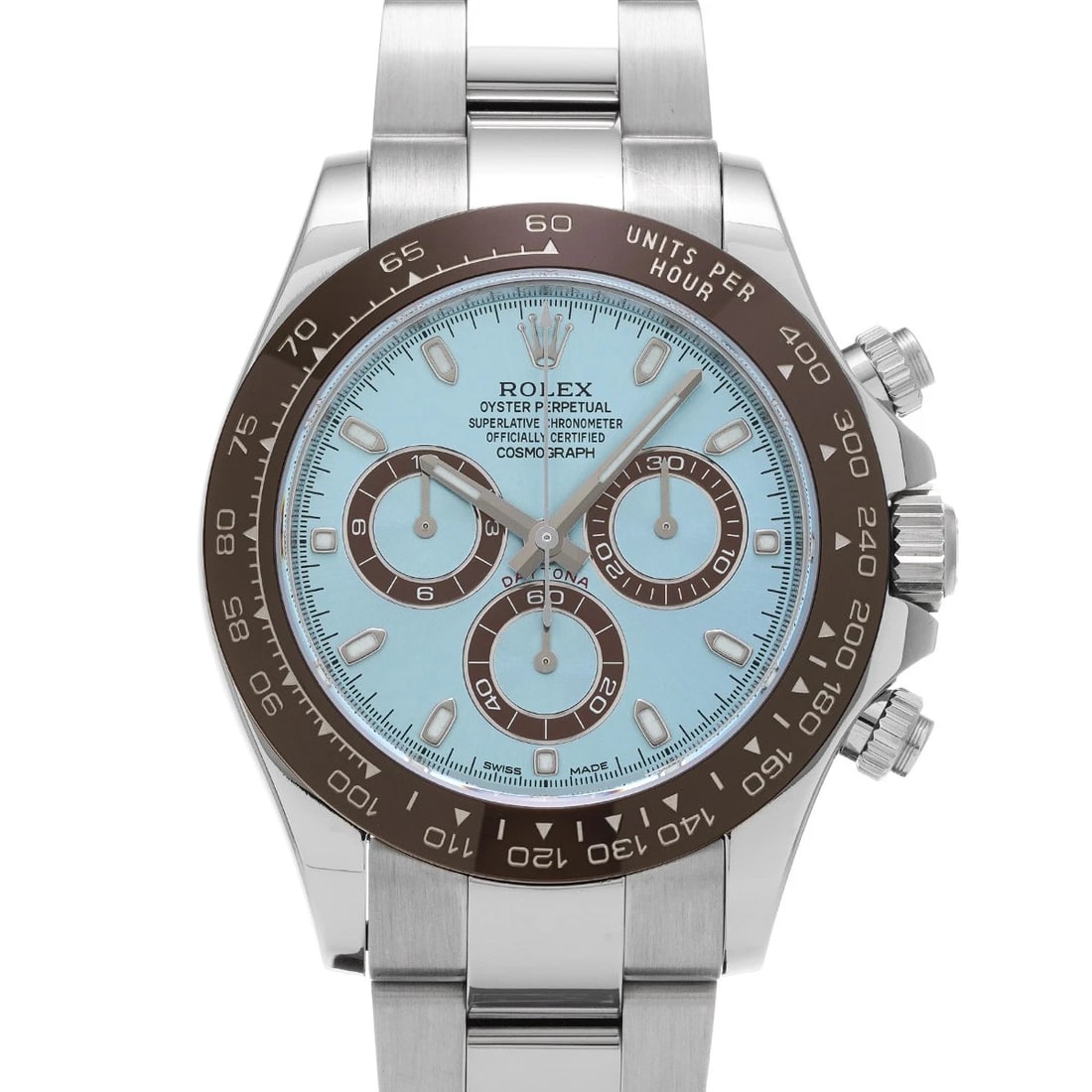 ROLEX COSMOGRAPH DAYTONA ICE BLUE/CHESTNUT BROWN WATCH: ROLEX Cosmograph Daytona Ice Blue/Chestnut Brown WATCH Brand: ROLEX Type: Wristwatch Material: Band Material Platinum, Case Material Platinum Color: Dial Color Ice Blue/Chestnut Brown Size: ??Case?