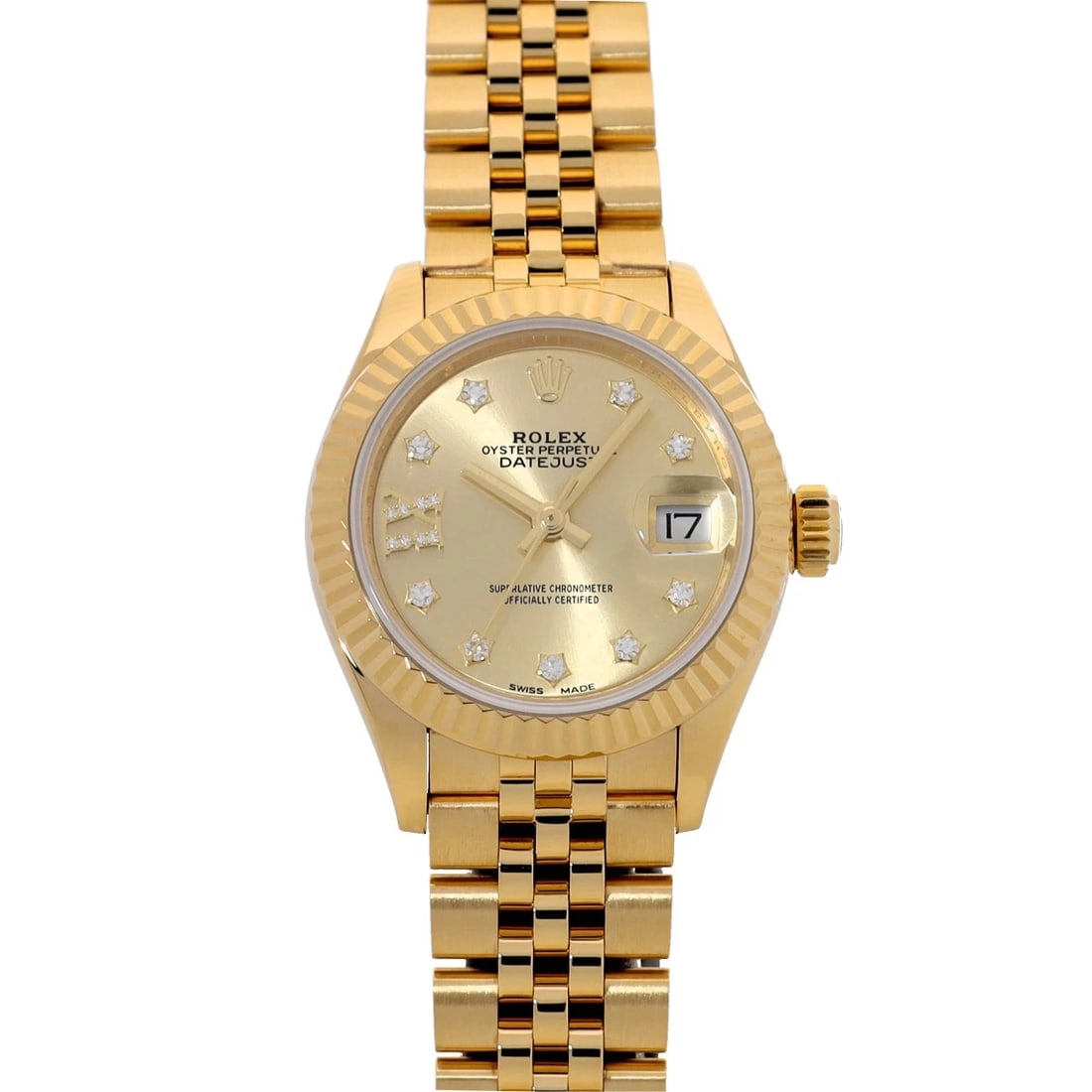 ROLEX LADY-DATEJUST CHAMPAGNE/DIAMOND WATCH: ROLEX Lady-Datejust Champagne/Diamond WATCH Brand: ROLEX Type: Wristwatch Material: Band Material Yellow Gold, Case Material Yellow Gold Color: Dial Color Champagne/Diamond Size: ??Case? H/about 28mm 