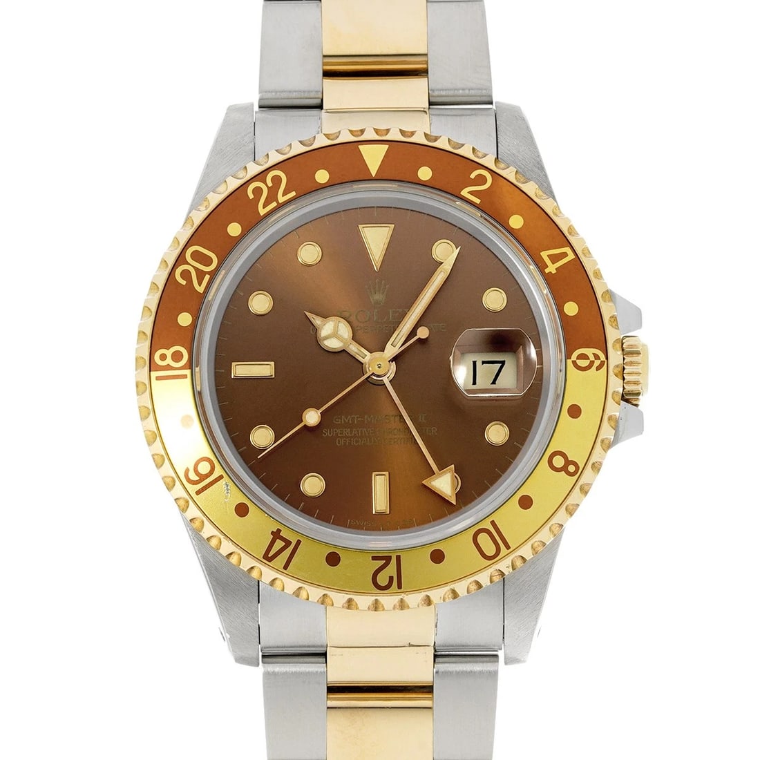 ROLEX GMT-MASTER II BROWN WATCH: ROLEX GMT-Master II Brown WATCH Brand: ROLEX Type: Wristwatch Material: Band Material Stainless steel/Yellow Gold, Case Material Stainless steel Color: Dial Color Brown Size: ??Case? H/about 40mm W/ab