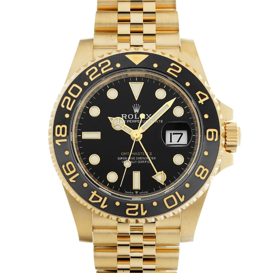 ROLEX GMT-MASTER II BLACK WATCH: ROLEX GMT-Master II Black WATCH Brand: ROLEX Type: Wristwatch Material: Band Material Yellow Gold, Case Material Yellow Gold Color: Dial Color Black Size: ??Case? H/about 40mm W/about 40mm D/about 12m